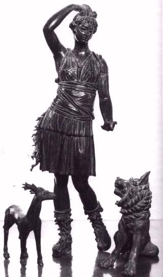 Bronzestatuette der Diana mit Hirsch und Löwe (frühe Kaiserzeit)